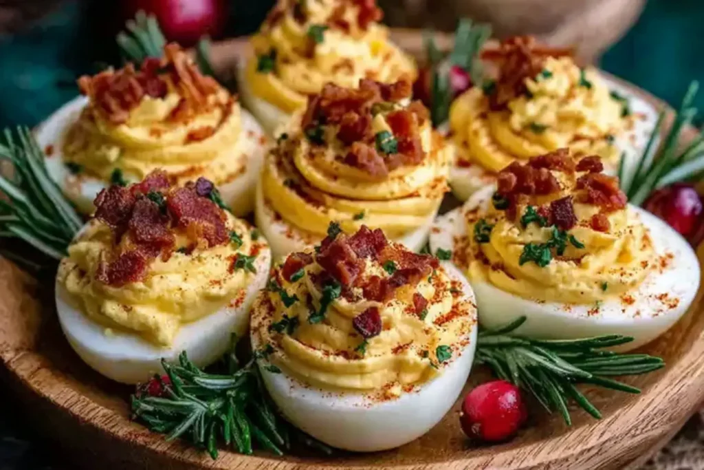 Christmas Deviled Eggs topped with crispy bacon, creamy yolk filling, paprika, and fresh herbs on a festive holiday serving platter