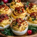 Christmas Deviled Eggs topped with crispy bacon, creamy yolk filling, paprika, and fresh herbs on a festive holiday serving platter