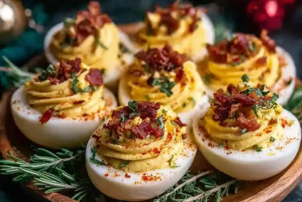 Christmas Deviled Eggs topped with crispy bacon, paprika, and fresh herbs, served on a festive holiday platter