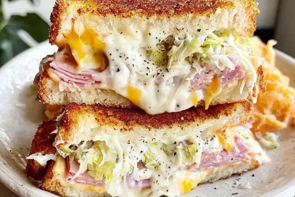 Viral Grinder Grilled Cheese Sandwich stacked and sliced, with melty cheddar and mozzarella, deli ham, crunchy grinder salad, and golden toasted bread.