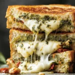 Pesto Grilled Cheese stacked on sourdough with melty mozzarella, pesto, and sun-dried tomatoes, pulled apart with a gooey cheese stretch.