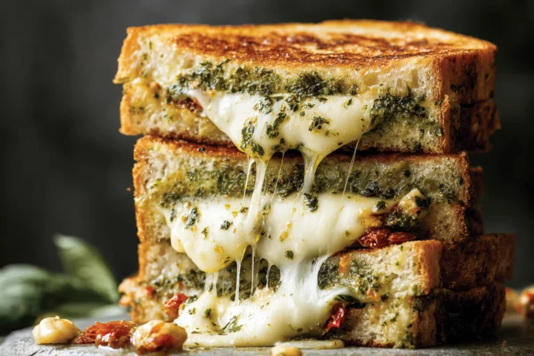 Pesto Grilled Cheese stacked on sourdough with melty mozzarella, pesto, and sun-dried tomatoes, pulled apart with a gooey cheese stretch.