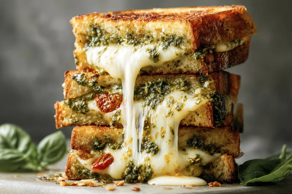Pesto Grilled Cheese with stretchy mozzarella on toasted sourdough, layered with pesto and sun-dried tomatoes, stacked high and melty.