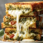 Pesto Grilled Cheese with stretchy mozzarella on toasted sourdough, layered with pesto and sun-dried tomatoes, stacked high and melty.