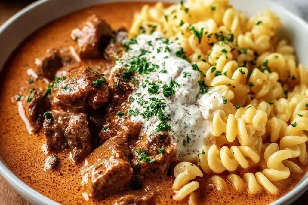 Creamy German Goulash served with spiral noodles, topped with sour cream and chopped parsley in a white bowl.