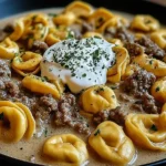 Skillet Beef Stroganoff Tortellini served in a creamy sauce with tender ground beef, cheese-filled tortellini, and a dollop of sour cream.