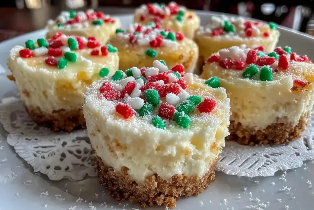 Festive Mini Christmas Cheesecakes with graham crust topped with red, green, and white holiday sprinkles.