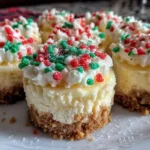 Creamy Mini Christmas Cheesecakes topped with festive red and green sprinkles on a graham cracker crust.