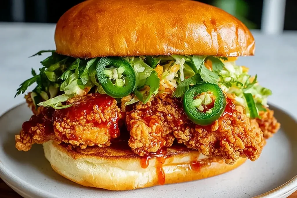 Thai Fried Chicken Sandwich with extra-crispy fried chicken, spicy Thai sauce, shredded lettuce, fresh cilantro, and sliced jalapeños on a brioche bun