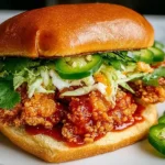 Thai Fried Chicken Sandwich with crispy golden chicken, spicy sauce, fresh slaw, cilantro, and jalapeños on a toasted brioche bun