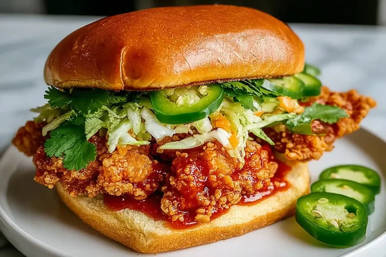 Thai Fried Chicken Sandwich with crispy golden chicken, spicy sauce, fresh slaw, cilantro, and jalapeños on a toasted brioche bun