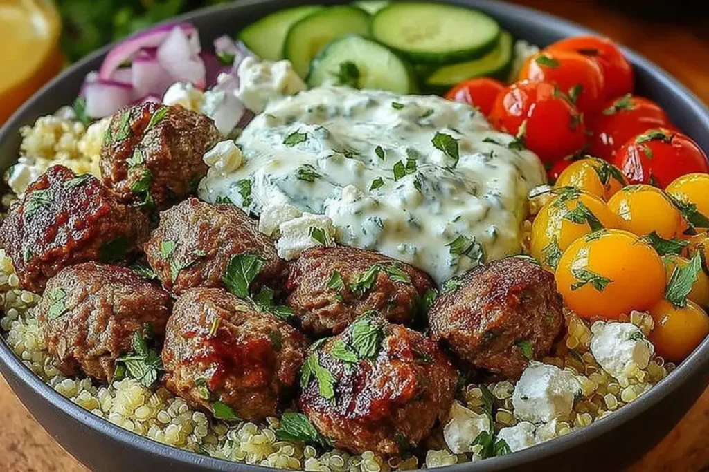 Mediterranean Gyro Bowls with juicy chicken meatballs, fluffy quinoa, fresh cucumbers, cherry tomatoes, feta, and creamy tzatziki sauce
