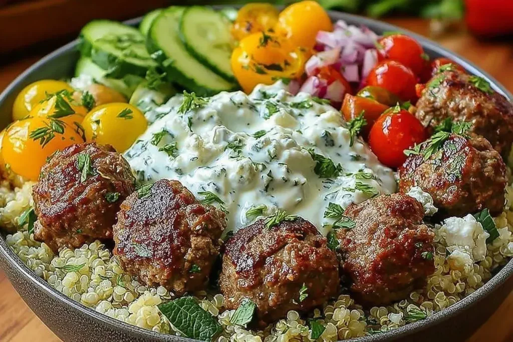 Mediterranean Gyro Bowls with juicy seasoned chicken meatballs, fluffy quinoa, fresh cucumbers, tomatoes, and creamy homemade tzatziki sauce