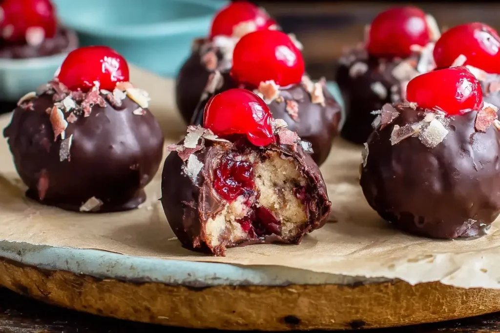 Rich chocolate-coated Cherry Bourbon Extract Balls topped with bright cherries and a soft, creamy center on a serving board.