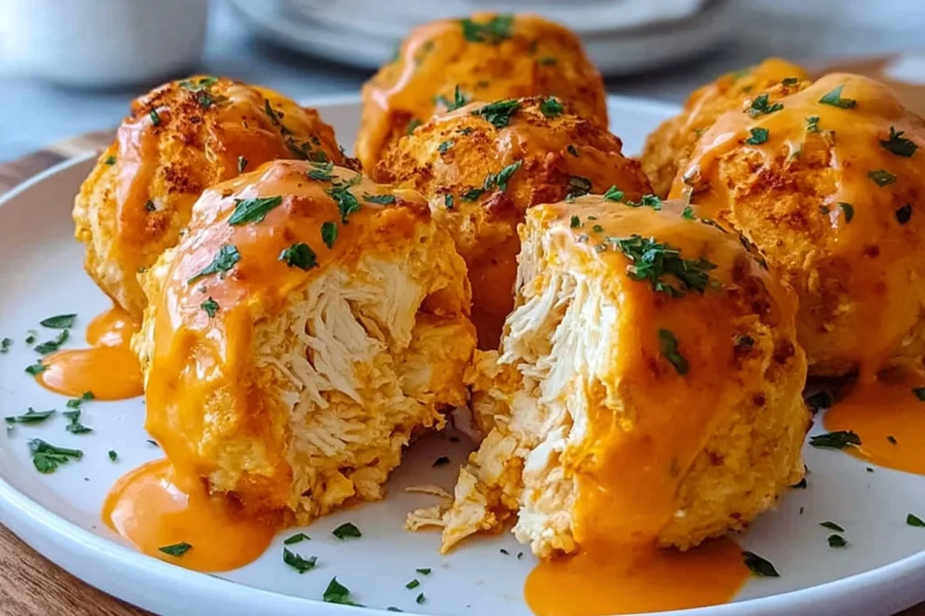 Buffalo Chicken Bombs on a plate, golden and crispy, split open to show shredded chicken, drizzled with creamy buffalo sauce and herbs.