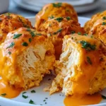 Buffalo Chicken Bombs on a plate, golden and crispy, split open to show shredded chicken, drizzled with creamy buffalo sauce and herbs.