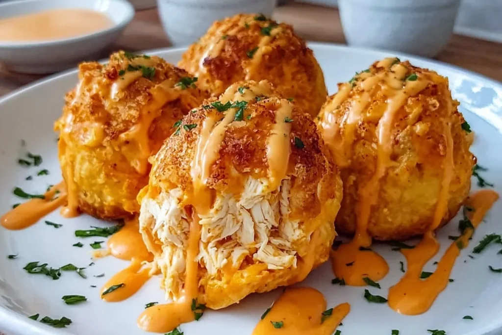 Buffalo Chicken Bombs on a white plate, crispy and golden with shredded chicken showing, drizzled with creamy buffalo sauce and sprinkled with herbs.