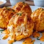 Buffalo Chicken Bombs on a white plate, crispy and golden with shredded chicken showing, drizzled with creamy buffalo sauce and sprinkled with herbs.