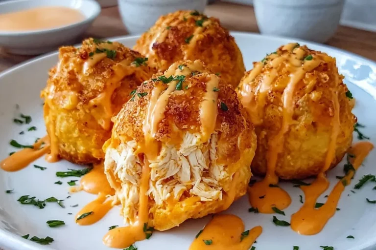Buffalo Chicken Bombs on a white plate, crispy and golden with shredded chicken showing, drizzled with creamy buffalo sauce and sprinkled with herbs.