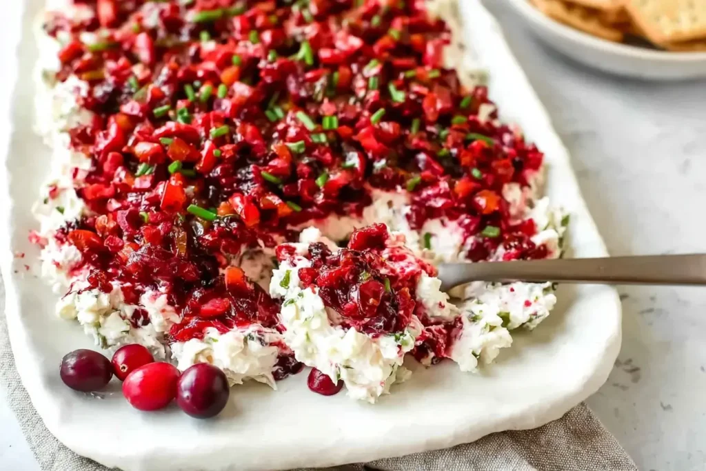 Cranberry Jalapeno Cream Cheese Dip with a chunky cranberry topping, fresh herbs, and jalapeno layered over whipped cream cheese on a serving platter.