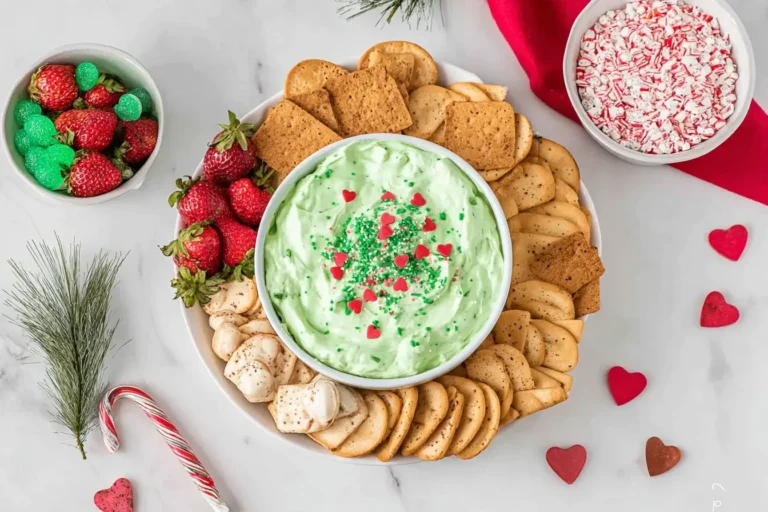 Grinch Dip served on a festive holiday platter with crackers, strawberries, marshmallows, and heart sprinkles for a Christmas dessert board
