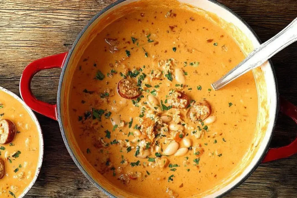 Creamy Bean Soup with Sausage simmering in a red pot with white beans, sliced sausage, and fresh herbs in a rich, creamy tomato broth.