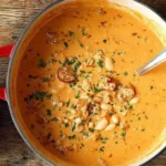 Creamy Bean Soup with Sausage simmering in a red pot with white beans, sliced sausage, and fresh herbs in a rich, creamy tomato broth.