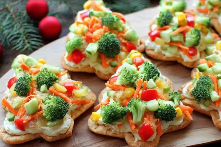 Christmas Tree Cold Veggie Pizza made with crescent dough, hummus, and colorful fresh vegetables, shaped like festive holiday trees.