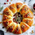 A beautifully baked Cranberry Brie Crescent Wreath topped with herbs and nuts, arranged on parchment with fresh cranberries and rosemary.
