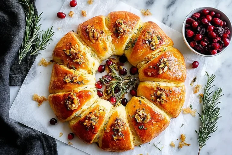 A beautifully baked Cranberry Brie Crescent Wreath topped with herbs and nuts, arranged on parchment with fresh cranberries and rosemary.