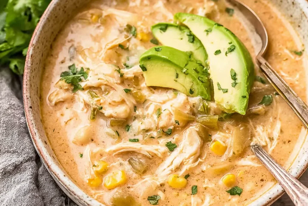 Slow Cooker Creamy Green Chile Chicken Enchilada Soup in a bowl with shredded chicken, corn, green chiles, and avocado slices on top.