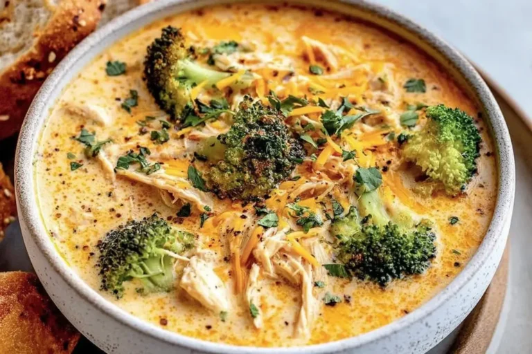 Creamy Crockpot Cheesy Chicken Broccoli Soup topped with cheddar and fresh broccoli in a bowl