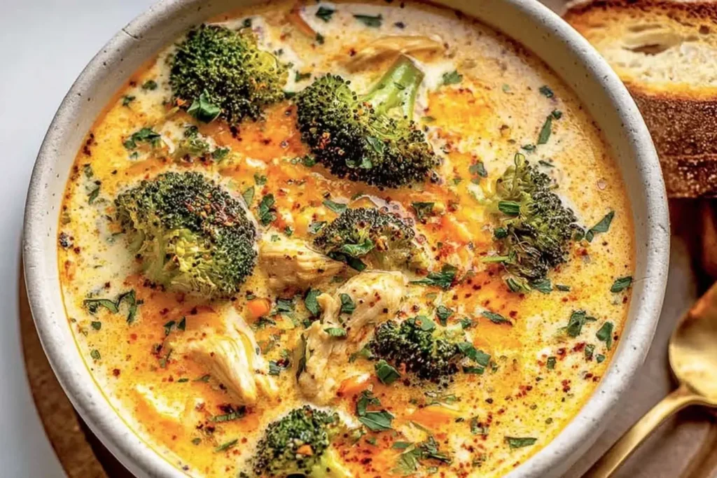 Creamy Crockpot Cheesy Chicken Broccoli Soup with tender chicken, fresh broccoli, and melted cheddar in a warm bowl