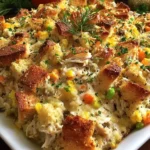 Rotisserie Chicken Stuffing Casserole baked until golden with crispy stuffing cubes, tender chicken, mixed vegetables, and creamy sauce in a white casserole dish.