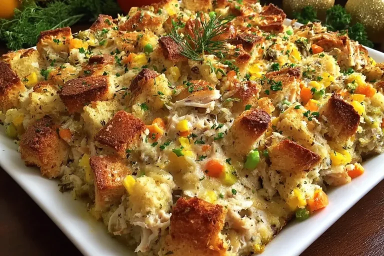Rotisserie Chicken Stuffing Casserole baked until golden with crispy stuffing cubes, tender chicken, mixed vegetables, and creamy sauce in a white casserole dish.