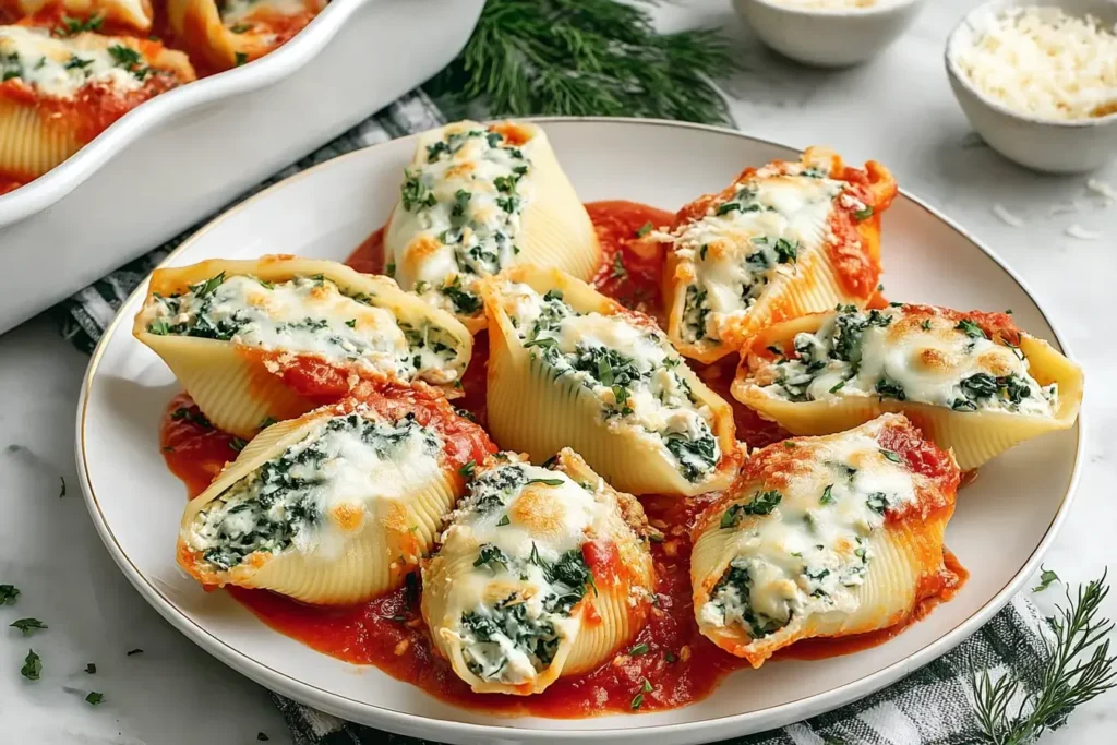 Christmas Stuffed Shells served on a plate with melted cheese, spinach ricotta filling, and marinara sauce.