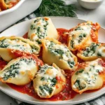 Christmas Stuffed Shells served on a plate with melted cheese, spinach ricotta filling, and marinara sauce.