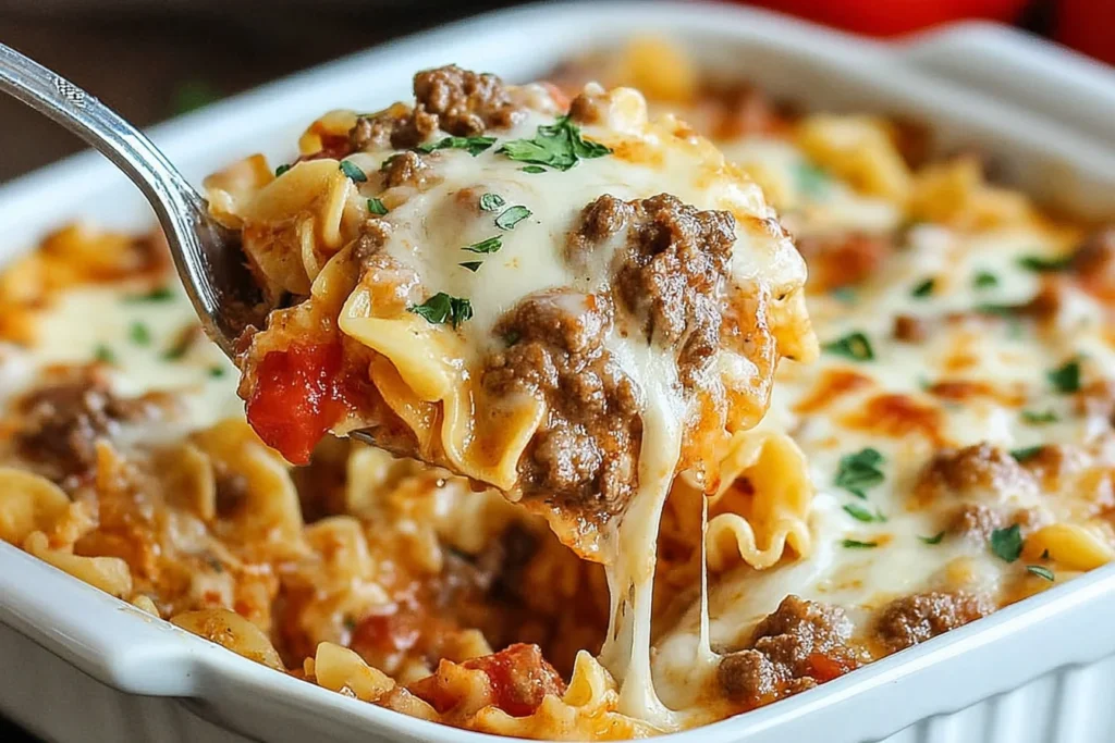 Cheesy Beef Lombardi Casserole with egg noodles, seasoned ground beef, tomatoes, and melty Colby Jack cheese in a baking dish.