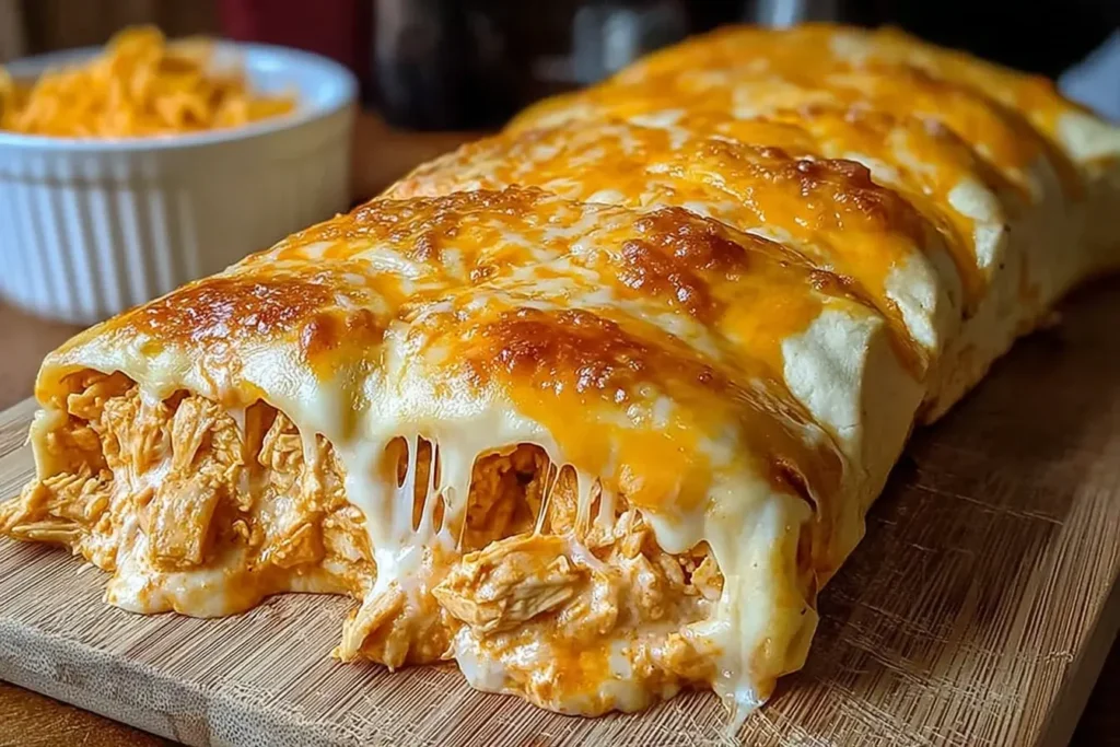 Buffalo Chicken Cheese Bake sliced open with gooey melted cheese and spicy shredded chicken wrapped in golden pizza dough