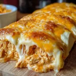 Buffalo Chicken Cheese Bake sliced open with gooey melted cheese and spicy shredded chicken wrapped in golden pizza dough