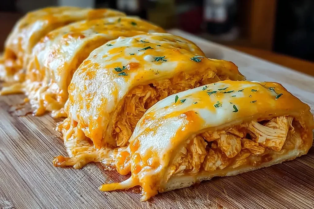 Buffalo Chicken Cheese Bake sliced into thick pieces with creamy melted cheese and tender buffalo chicken filling on a wooden board
