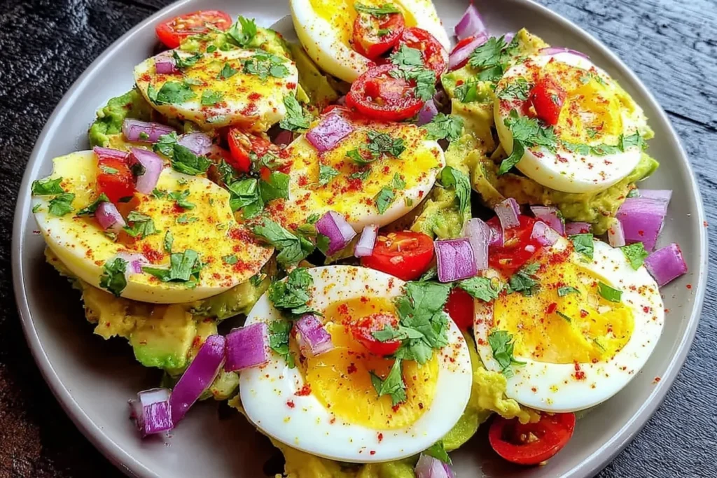 Workout Egg Avocado Salad topped with sliced eggs, cherry tomatoes, red onion, cilantro, and a sprinkle of chili flakes on a plate.