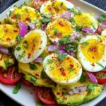 Bright and fresh Workout Egg Avocado Salad with creamy avocado, soft-boiled eggs, red onion, tomatoes, and cilantro sprinkled with chili flakes.