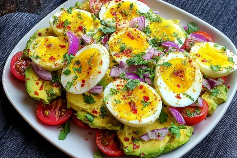 Bright and fresh Workout Egg Avocado Salad with creamy avocado, soft-boiled eggs, red onion, tomatoes, and cilantro sprinkled with chili flakes.