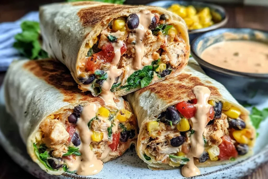 Southwest Chicken Wrap filled with juicy chicken, black beans, corn, fresh veggies, and creamy chipotle sauce, sliced in half and served warm.