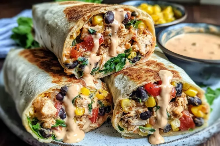 Southwest Chicken Wrap filled with juicy chicken, black beans, corn, fresh veggies, and creamy chipotle sauce, sliced in half and served warm.