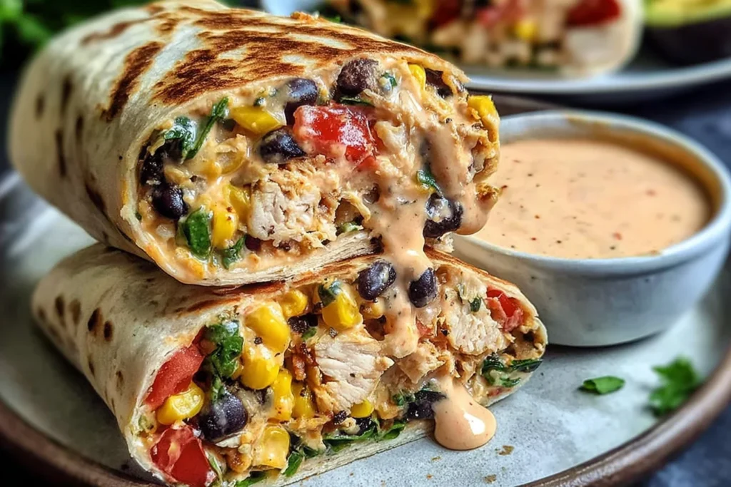 Southwest Chicken Wrap stuffed with tender chicken, black beans, corn, tomatoes, and herbs, wrapped in a toasted tortilla with creamy chipotle sauce on the side.