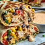 Southwest Chicken Wrap stuffed with tender chicken, black beans, corn, tomatoes, and herbs, wrapped in a toasted tortilla with creamy chipotle sauce on the side.
