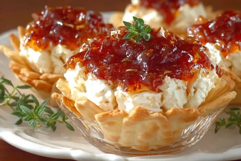 Pepper Jelly Cream Cheese Appetizer Dip and Bites in flaky phyllo cups, filled with creamy cheese and topped with glossy red pepper jelly and fresh thyme