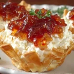 Pepper Jelly Cream Cheese Appetizer Dip and Bites served in crispy phyllo shells, topped with glossy red pepper jelly and fresh thyme on a white plate